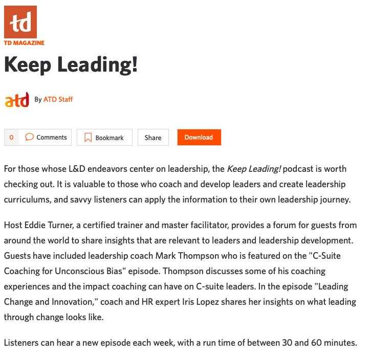Keep Leading!® podcast featured in TD Magazine February 2021