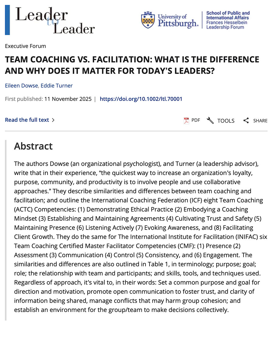 Dr. Eileen Dowse and Eddie Turner in the award-winning Leader to Leader Journal